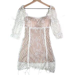 Elegant Muses Romantic Lace Overlay Dress Whimsical Sheer Sleeves Polka Dot Mesh
